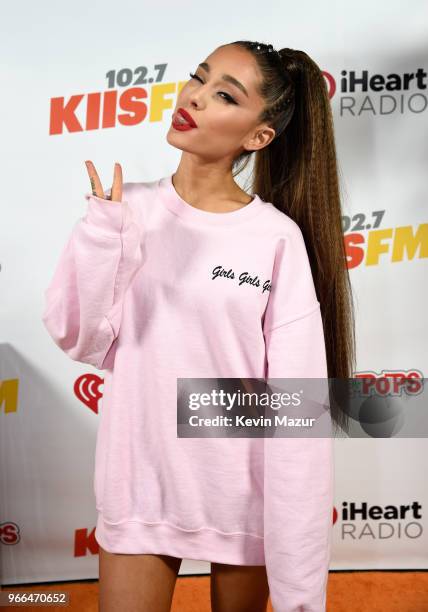 Ariana Grande poses backstage at the 2018 iHeartRadio Wango Tango by AT&T at Banc of California Stadium on June 2, 2018 in Los Angeles, California.