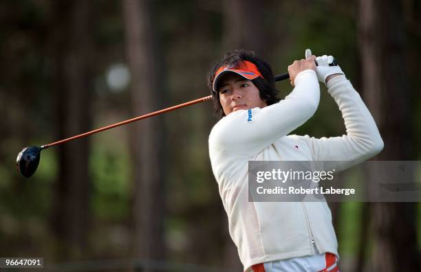 Ryo Ishikawa of Japan makes a tee shot on the seventh hole during a practice round for the AT&T Pebble Beach National Pro-Am at the Spyglass Hill...