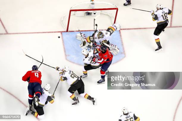 Alex Ovechkin of the Washington Capitals scores a goal on Marc-Andre Fleury of the Vegas Golden Knights in the second period in Game Three of the...