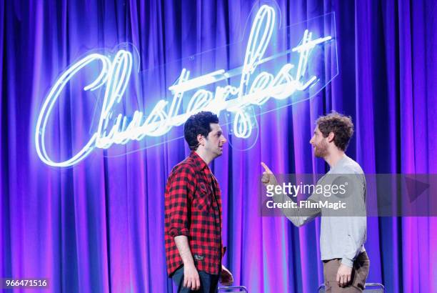 Ben Schwartz and Thomas Middleditch perform onstage in the Larkin Comedy Club during Clusterfest at Civic Center Plaza and The Bill Graham Civic...