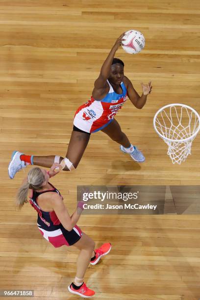 Sam Wallace of the Swifts catches the ball during the round six Super Netball match between the Swifts and the Thunderbirds at Quay Centre on June 3,...