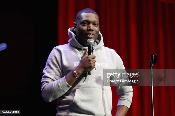 Michael Che performs on the Bill Graham Stage during Clusterfest at Civic Center Plaza and The Bill Graham Civic Auditorium on June 2, 2018 in San...