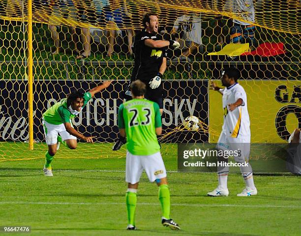 David Williams of the Fury celebrates after scoring a goal during the round 27 A-League match between North Queensland Fury and Gold Coast United at...