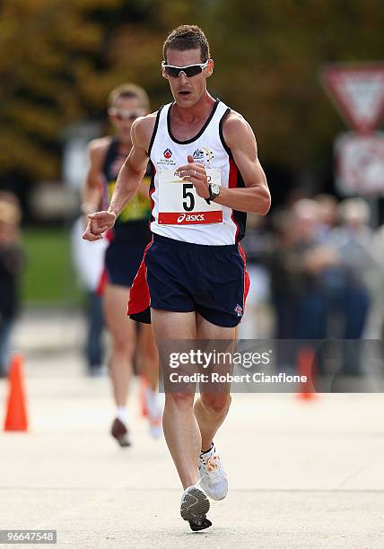 Nathan Deakes of Australia competes in the IAAF Australian 20km Race Walking Championships on the Hobart waterfront on February 13, 2010 in Hobart,...