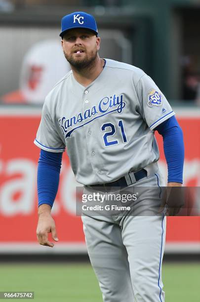 Lucas Duda of the Kansas City Royals warms up before the game against the Baltimore Orioles at Oriole Park at Camden Yards on May 8, 2018 in...