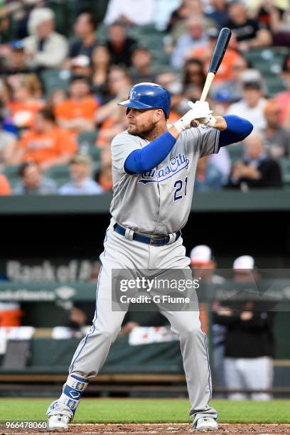 Lucas Duda of the Kansas City Royals bats against the Baltimore Orioles at Oriole Park at Camden Yards on May 8, 2018 in Baltimore, Maryland.