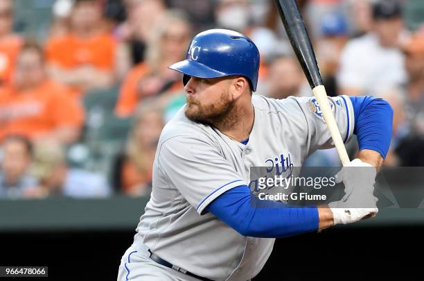 Lucas Duda of the Kansas City Royals bats against the Baltimore Orioles at Oriole Park at Camden Yards on May 8, 2018 in Baltimore, Maryland.