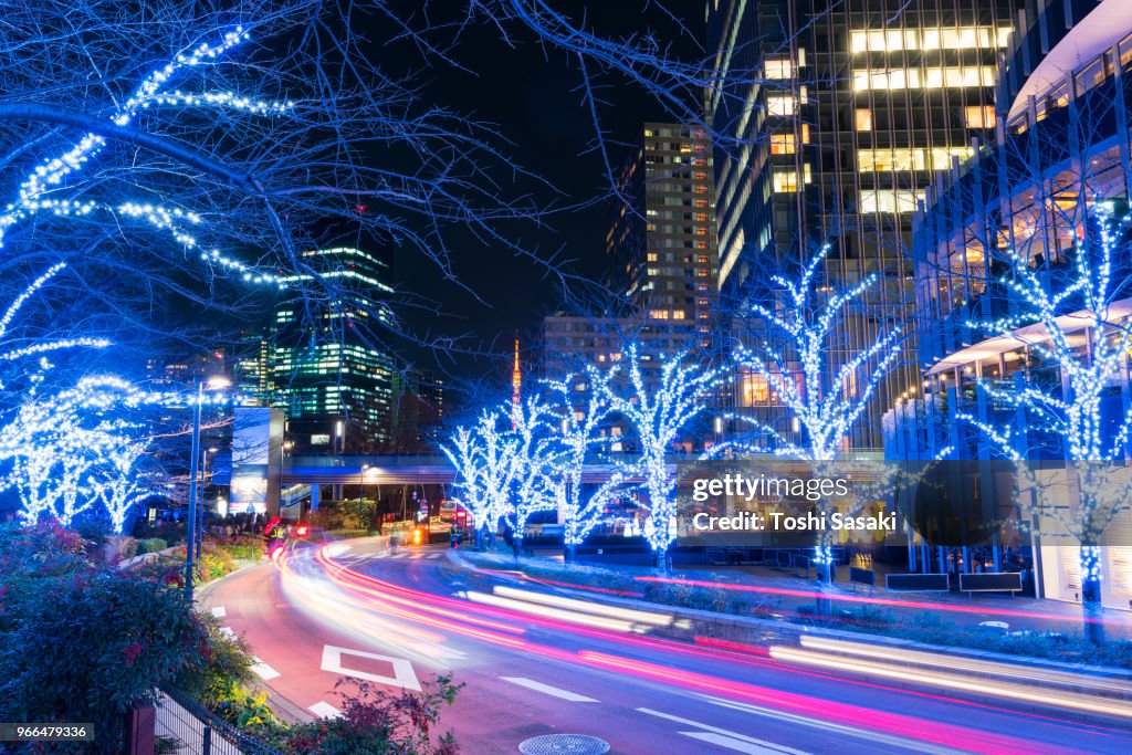 Cars go through among the illuminated Trees Line Street along high-rise buildings at Tokyo Midtown Roppongi Tokyo Japan on December 21 2017. Over 500,000 LED lights illuminate the street and surround the area for Christmas illumination event.