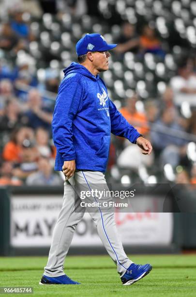 Manager Ned Yost of the Kansas City Royals walks to the pitchers mound during the game against the Baltimore Orioles at Oriole Park at Camden Yards...