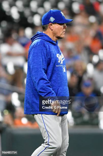Manager Ned Yost of the Kansas City Royals walks to the pitchers mound during the game against the Baltimore Orioles at Oriole Park at Camden Yards...