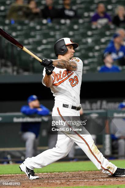 Jace Peterson of the Baltimore Orioles bats against the Kansas City Royals at Oriole Park at Camden Yards on May 8, 2018 in Baltimore, Maryland.