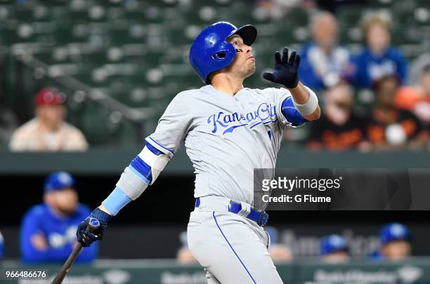 Ryan Goins of the Kansas City Royals bats against the Baltimore Orioles at Oriole Park at Camden Yards on May 8, 2018 in Baltimore, Maryland.