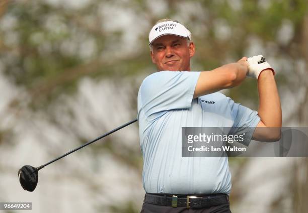 Darren Clarke of Northern Ireland in action during Round Three of the Avantha Masters held at The DLF Golf and Country Club on February 13, 2010 in...