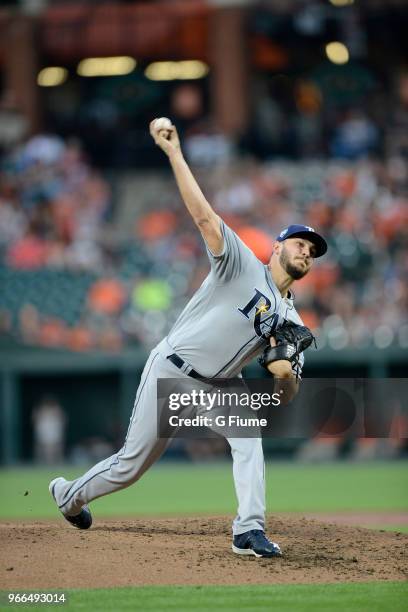 Jacob Faria of the Tampa Bay Rays pitches against the Baltimore Orioles at Oriole Park at Camden Yards on May 11, 2018 in Baltimore, Maryland.