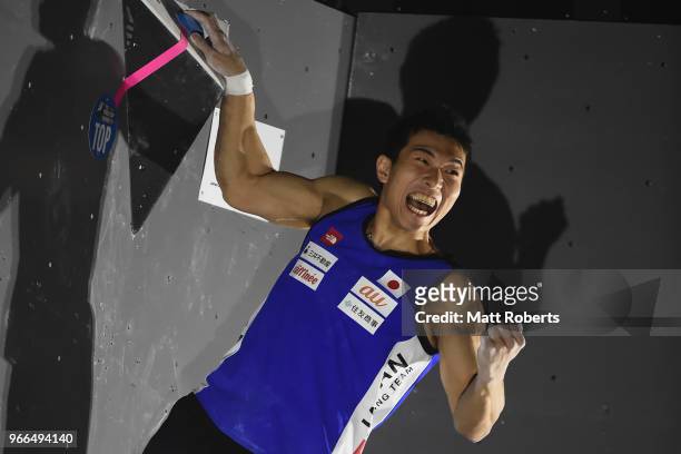 Rei Sugimoto of Japan celebrates during the Men's semi-final on day two of the IFSC World Cup Hachioji at Esforta Arena Hachioji on June 3, 2018 in...