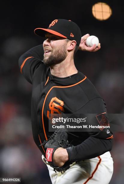 Hunter Strickland of the San Francisco Giants pitches against the Philadelphia Phillies in the top of the ninth inning at AT&T Park on June 2, 2018...