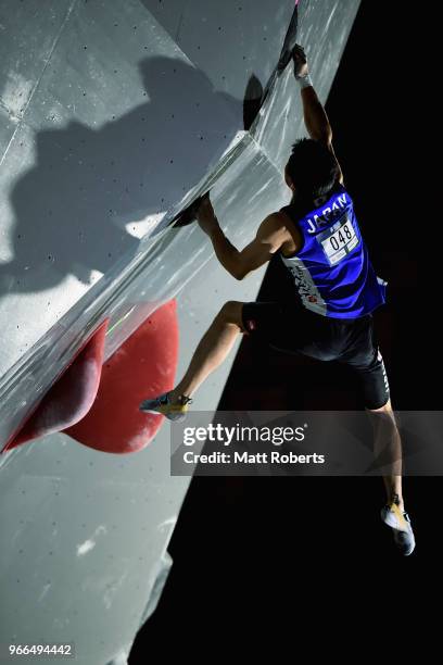 Rei Sugimoto of Japan competes during the Men's semi-final on day two of the IFSC World Cup Hachioji at Esforta Arena Hachioji on June 3, 2018 in...