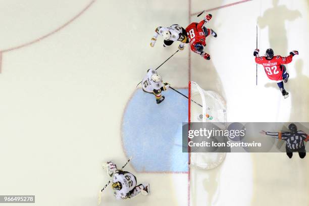 Washington Capitals center Evgeny Kuznetsov celebrates his second period against Vegas Golden Knights goaltender Marc-Andre Fleury on June 2 at the...