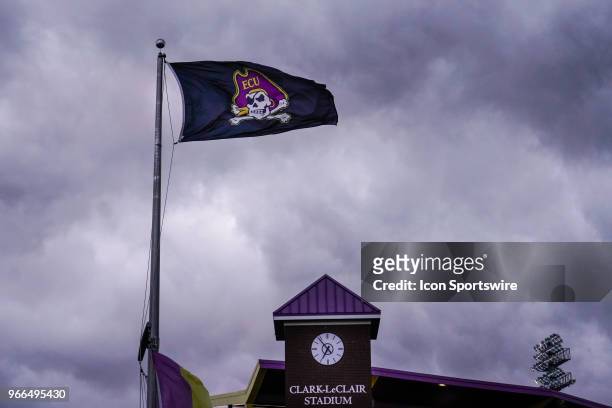 Storm clouds over the stadium before the NCAA Baseball Greenville Regional between the East Carolina Pirates and the South Carolina Gamecocks at...