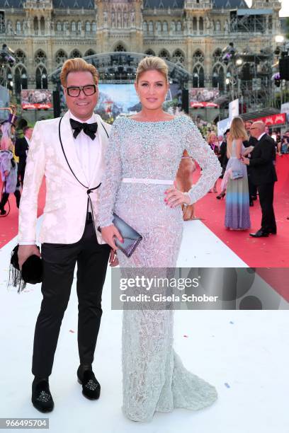 Fashion designer Joao Rolo and Hofit Golan during the Life Ball 2018 at City Hall on June 2, 2018 in Vienna, Austria. The Life Ball, an annual...