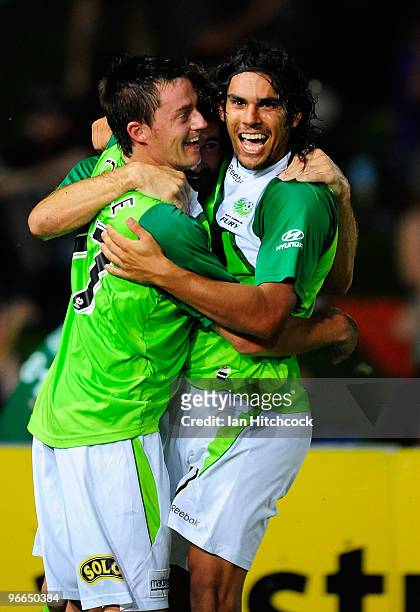 Terry Cooke of the Fury celebrates scoring the wining goal with David Williams of the Fury during the round 27 A-League match between North...