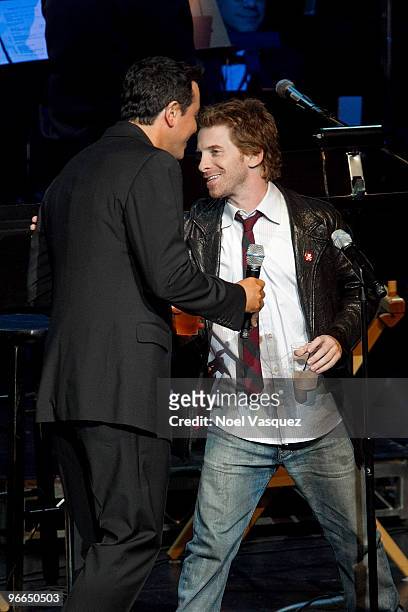 Seth MacFarlane and Seth Green perform at the "It's Always Sunny In Philadelphia" And "Family Guy" live show on February 12, 2010 in Universal City,...