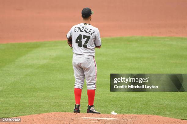 Gio Gonzalez of the Washington Nationals looks on during a baseball game against the altimore Orioles at Oriole Park at Camden Yards on May 28, 2018...