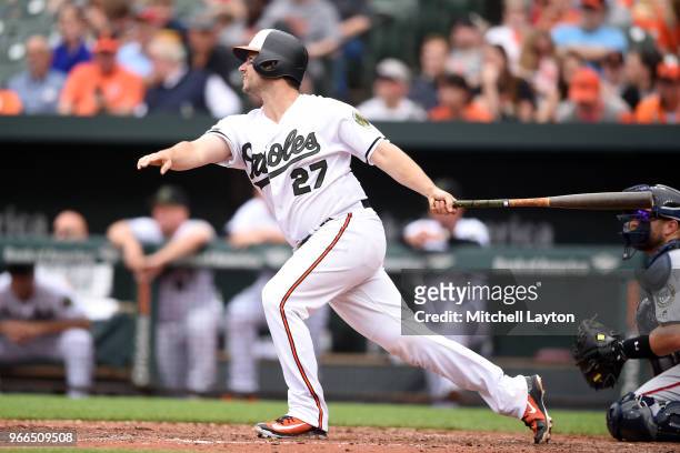 Andrew Susac of the Baltimore Orioles takes a swing during a baseball game against the Washington Nationals at Oriole Park at Camden Yards on May 28,...