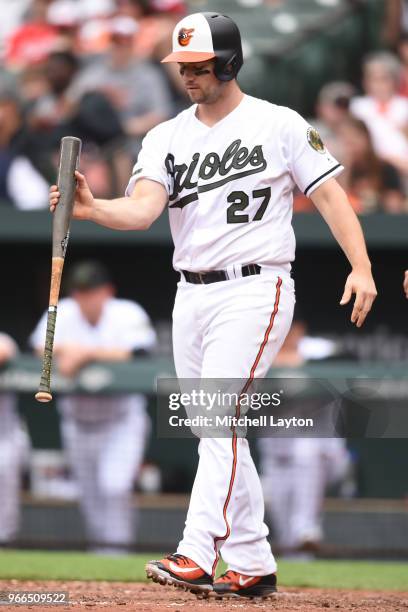 Andrew Susac of the Baltimore Orioles reacts to a pitch during a baseball game against the Washington Nationals at Oriole Park at Camden Yards on May...