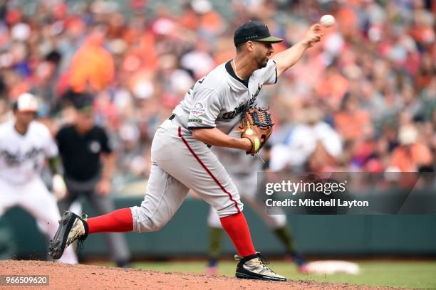 Gio Gonzalez of the Washington Nationals pitches during a baseball game against the Baltimore Orioles at Oriole Park at Camden Yards on May 28, 2018...