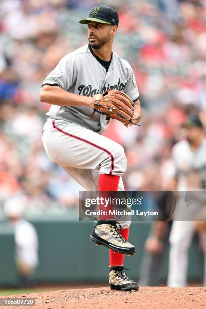 Gio Gonzalez of the Washington Nationals pitches during a baseball game against the Baltimore Orioles at Oriole Park at Camden Yards on May 28, 2018...