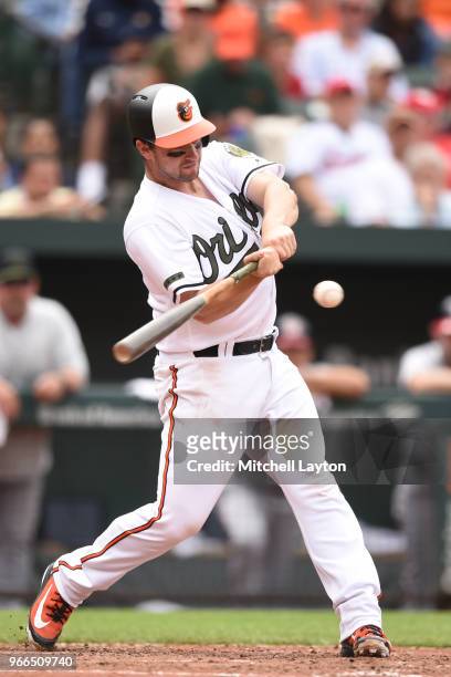 Andrew Susac of the Baltimore Orioles takes a swing during a baseball game against the Washington Nationals at Oriole Park at Camden Yards on May 28,...