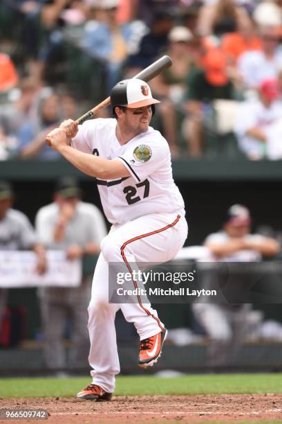 Andrew Susac of the Baltimore Orioles prepares for a pitch during a baseball game against the Washington Nationals at Oriole Park at Camden Yards on...