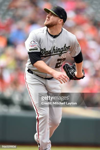 Shawn Kelley of the Washington Nationals pitches during a baseball game against the Baltimore Orioles at Oriole Park at Camden Yards on May 28, 2018...