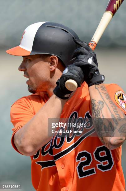 Jace Peterson of the Baltimore Orioles bats against the Tampa Bay Rays during the first game of a doubleheader at Oriole Park at Camden Yards on May...