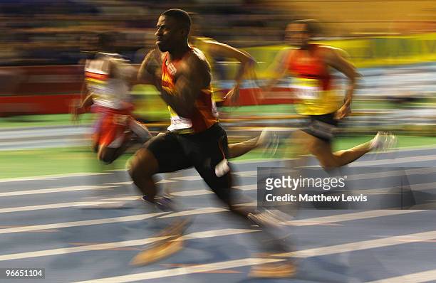 Dwain Chambers of Belgrave Harriers in action during the Mens 60m heats during the first day of the AVIVA World Trials and UK Championships at the...