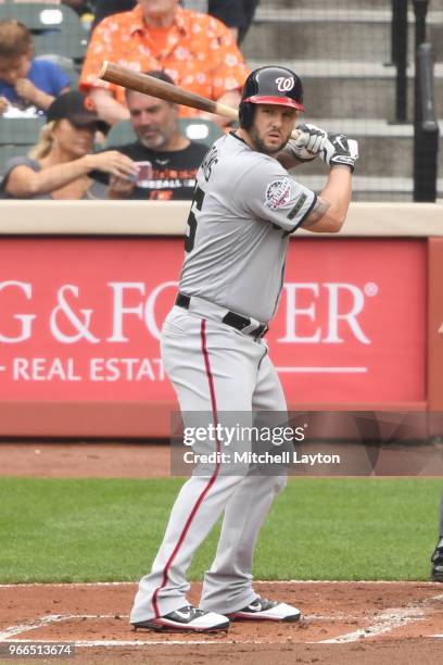 Matt Adams of the Washington Nationals prepares for a pitch during a baseball game against the Baltimore Orioles at Oriole Park at Camden Yards on...