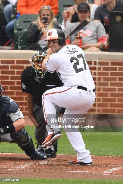 Andrew Susac of the Baltimore Orioles prepares for a pitch during a baseball game against the Washington Nationals at Oriole Park at Camden Yards on...