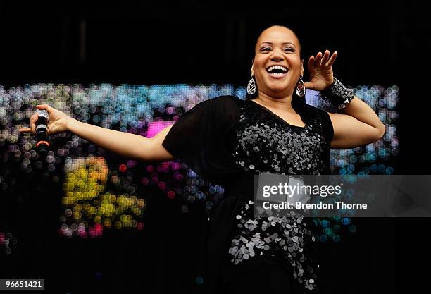 Cheryl James of Salt N Pepa performs on stage at the Sydney leg of the Good Vibrations festival at Centennial Park on February 13, 2010 in Sydney,...