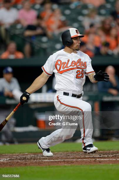 Jace Peterson of the Baltimore Orioles bats against the Tampa Bay Rays during the second game of a doubleheader at Oriole Park at Camden Yards on May...