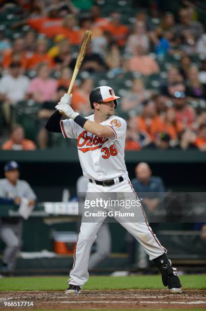 Caleb Joseph of the Baltimore Orioles bats against the Tampa Bay Rays during the second game of a doubleheader at Oriole Park at Camden Yards on May...