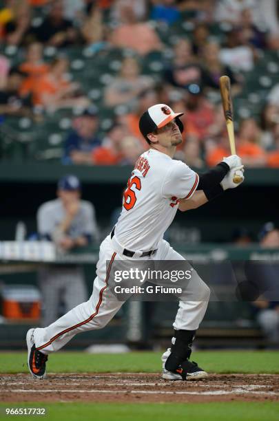 Caleb Joseph of the Baltimore Orioles bats against the Tampa Bay Rays during the second game of a doubleheader at Oriole Park at Camden Yards on May...