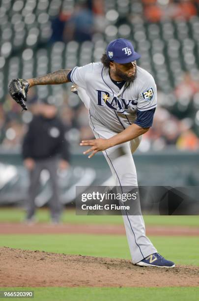 Jose Alvarado of the Tampa Bay Rays pitches against the Baltimore Orioles during the second game of a doubleheader at Oriole Park at Camden Yards on...