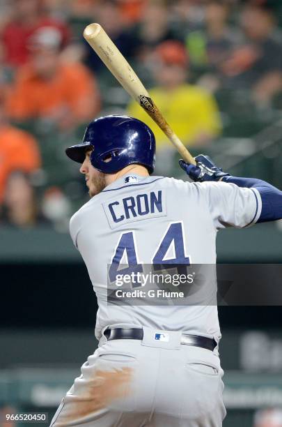 Cron of the Tampa Bay Rays bats against the Baltimore Orioles during the second game of a doubleheader at Oriole Park at Camden Yards on May 12, 2018...