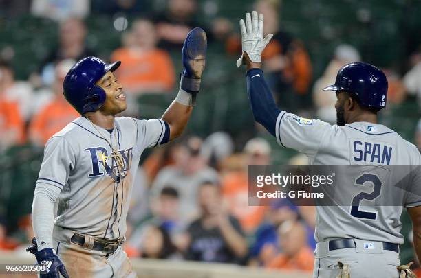 Mallex Smith of the Tampa Bay Rays celebrates with Denard Span after scoring against the Baltimore Orioles during the second game of a doubleheader...