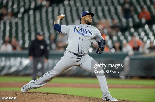 Alex Colome of the Tampa Bay Rays pitches against the Baltimore Orioles during the second game of a doubleheader at Oriole Park at Camden Yards on...