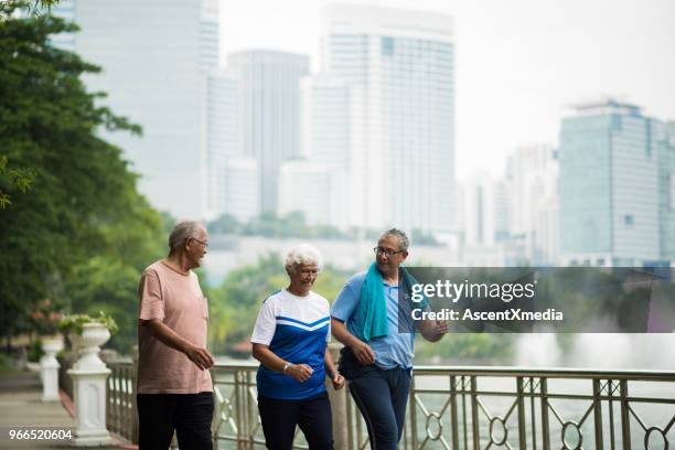 aktive senioren freunde, die einen gesunden lebensstil zu genießen - 3 old men jogging stock-fotos und bilder