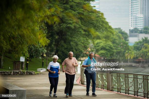 actieve senior vrienden genieten van een gezonde levensstijl - 3 old men jogging stockfoto's en -beelden