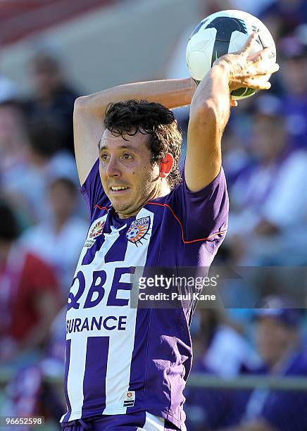 Naum Sekulovski of the Glory throws the ball in during the round 27 A-League match between Perth Glory and Brisbane Roar at ME Bank Stadium on...