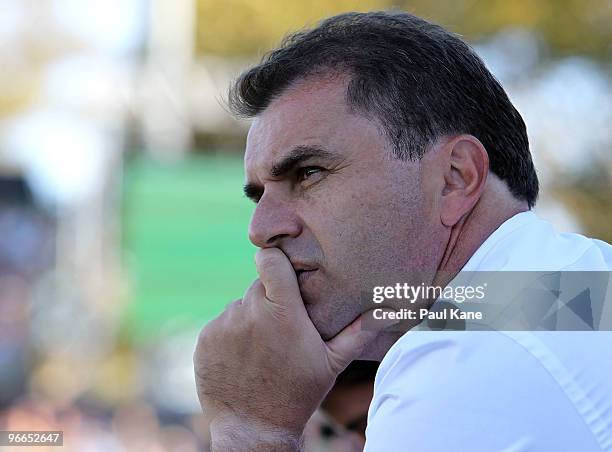 Ange Postecoglou, coach of the Roar looks on during the round 27 A-League match between Perth Glory and Brisbane Roar at ME Bank Stadium on February...